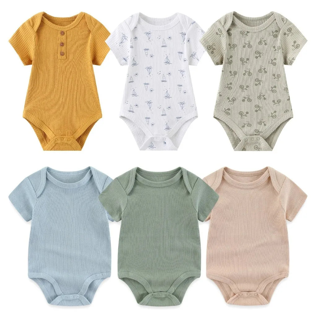 Newborn Ribbed Bodysuits Set 6PCS Cotton Baby Girl Clothes Animal Print Baby Boy clothes Solid Color Short Sleeve