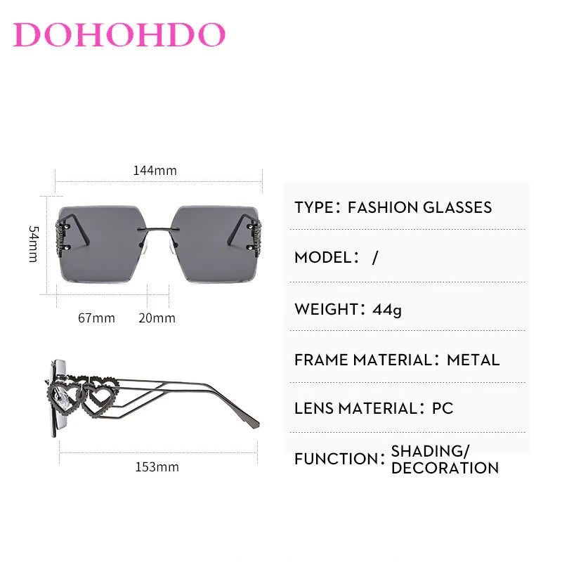Rimless Retro Square Sunglasses Women And Men Trends Brand Design Metal Love Decoration Shades Travel Driving Sun Glasses UV400