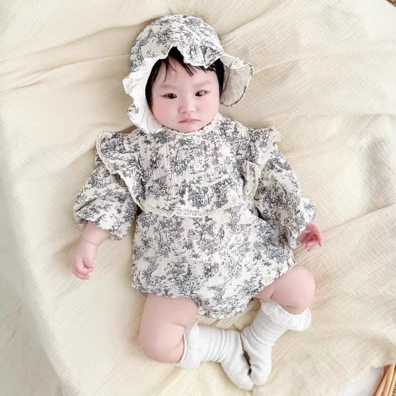 Newborn Romper Chinese Style Ink Painting Newborn Baby Girl Bodysuits +Hat Cotton Girls Jumpsuits Infants Onesie Outfits Clothes
