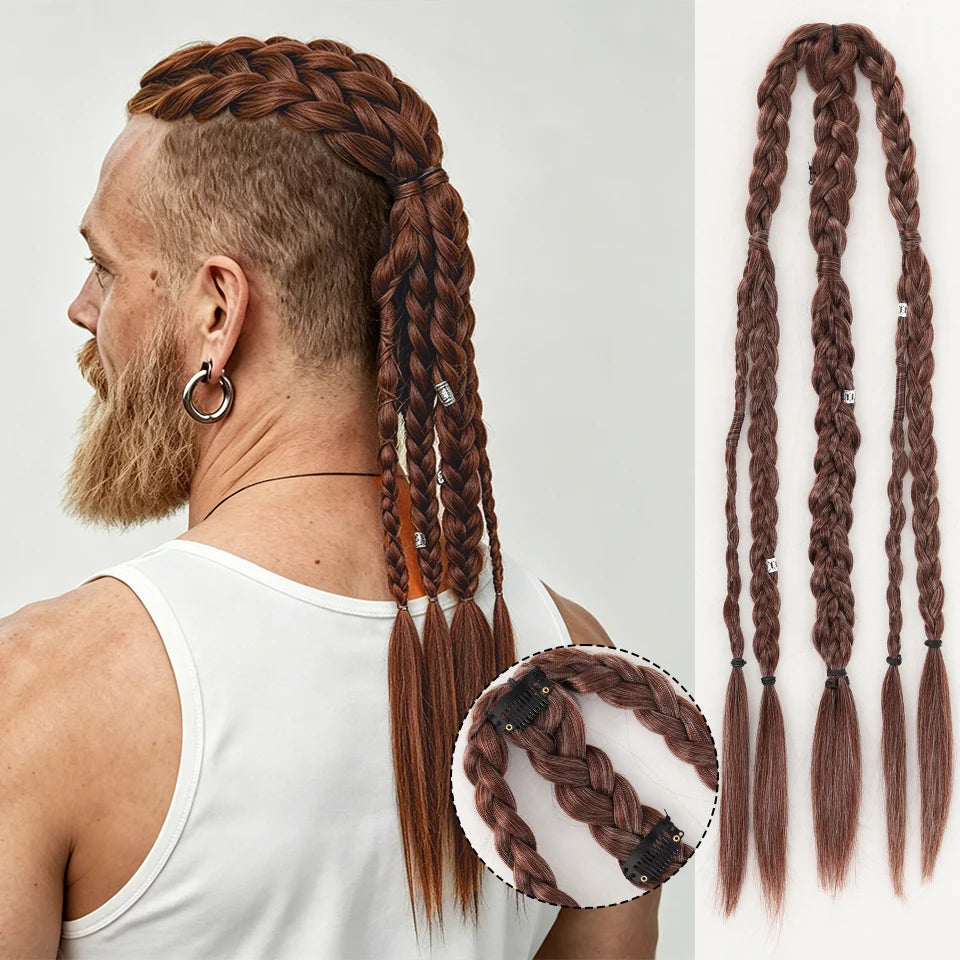 Long Braided Ponytail Extension Synthetic Twist Box Braids Pony Tail Hairpieces with Hair Ring Elastic Tie for Men Daily Party