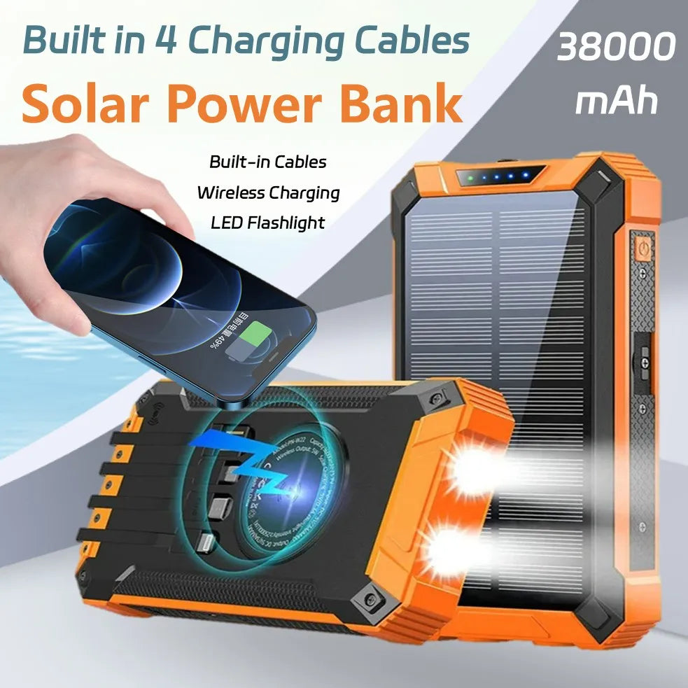 Long-lasting Solar Power Bank, Portable Solar External Battery Pack Built-in Cables, Portable Wireless Charger with Solar Panel