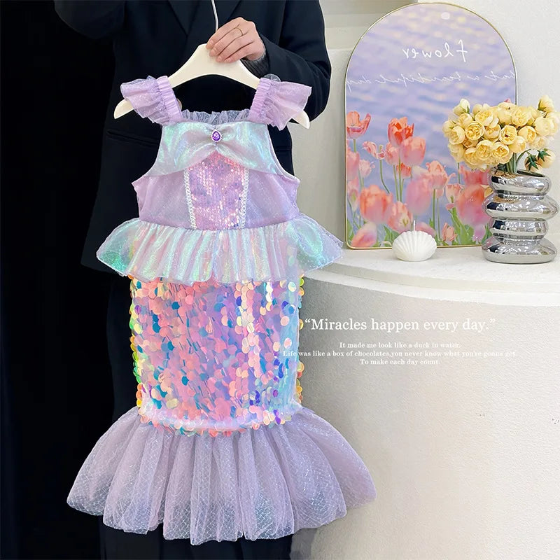 Mermaid Princess Dress Carnival Birthday Party Dress Halloween Mermaid Costume Girl Princess Costume Sequined Fishtail Skirt