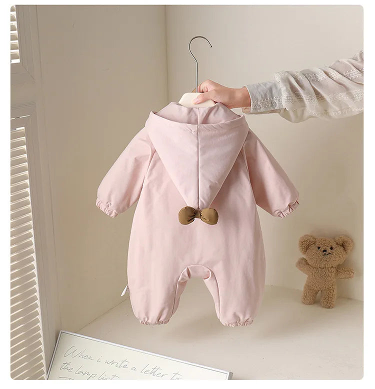 Winter Rompers Baby Girls Clothes Korean Fashion Pink Cute Hooded Bow Warm Thicker Jumpsuit Infant Costume Newborn Items B383
