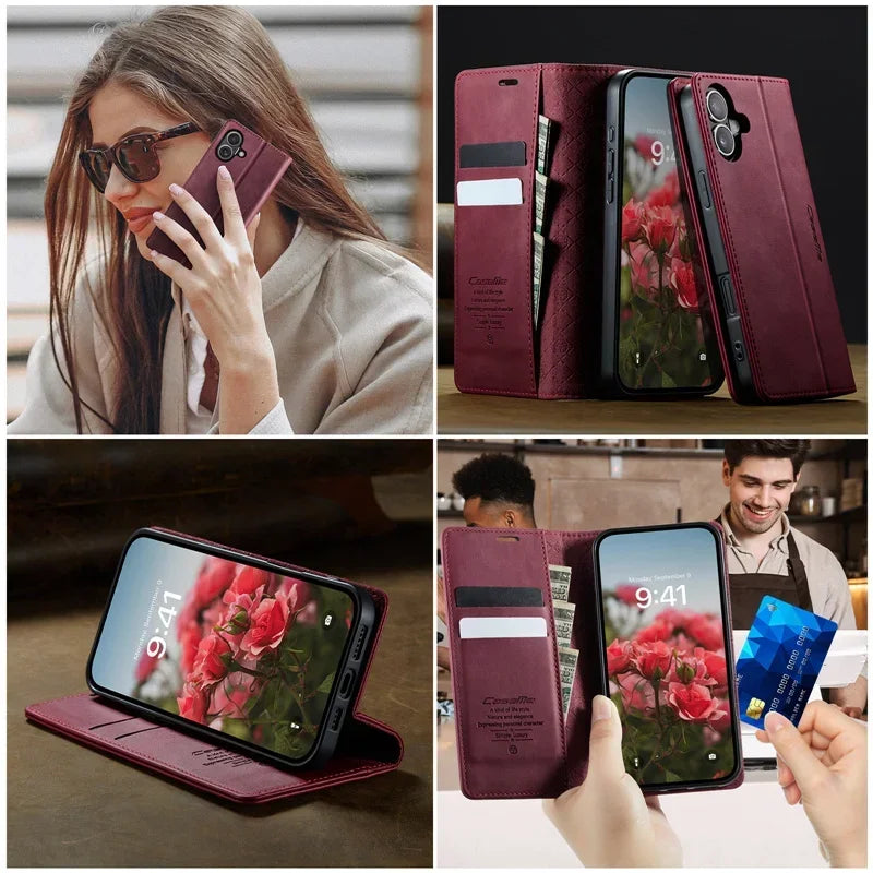 Magnetic Leather Wallet Card Phone Case For iPhone 17E 17 Air 16E 16 Pro Max 15 Plus 14 13 12 11 Flip Wireless Charging Cover