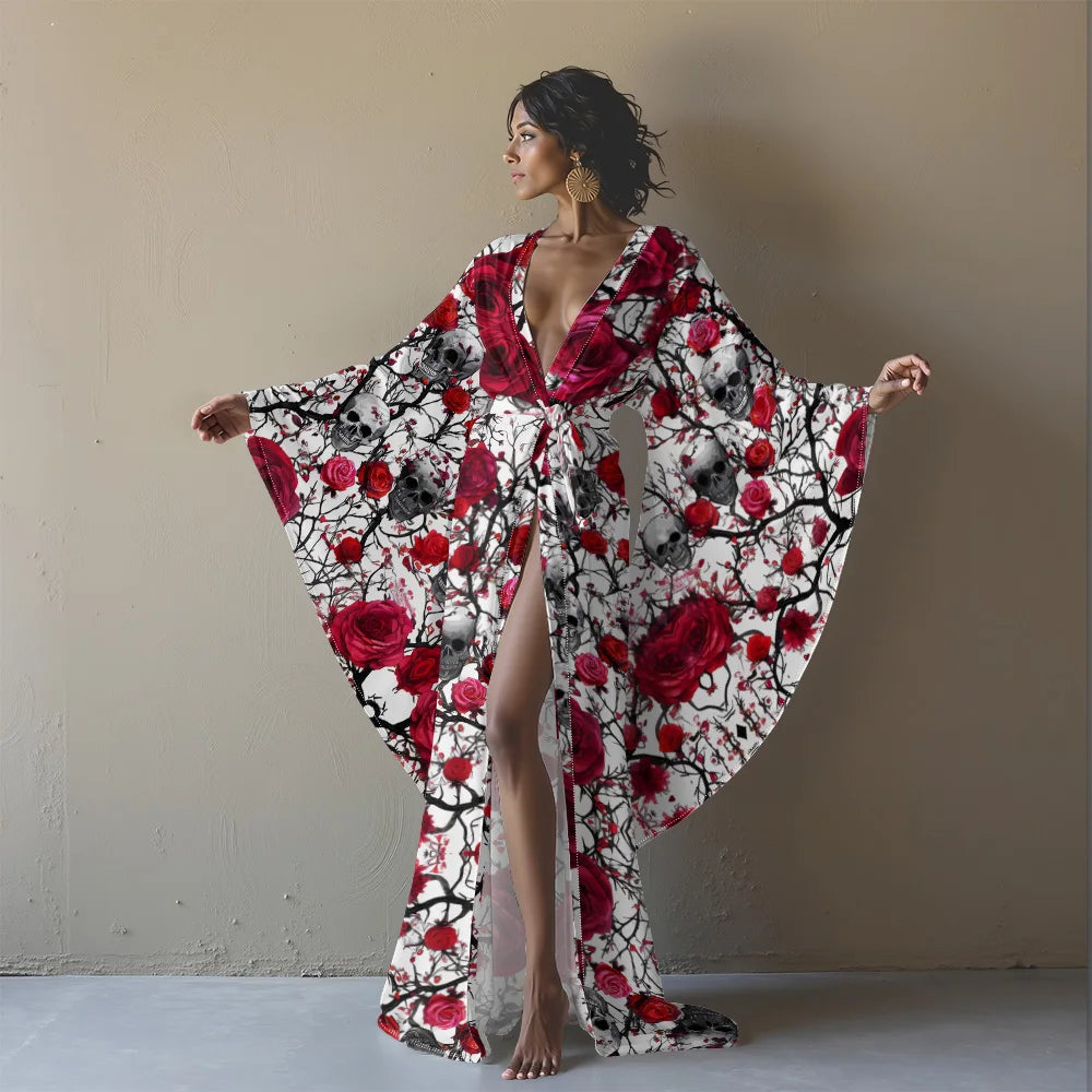 Halloween Cosplay Women's Sexy V-Neck Robe with Abstract Ghost Print - Long Sleeve Party Costume Unique Vampire Witch Long Robe