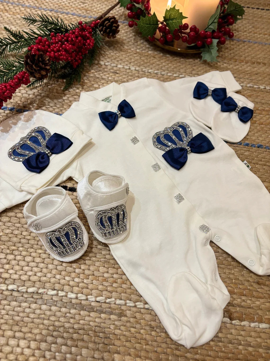 Dollbling Baptism Outfit Boy Prince Luxury Bling Christening Coming Home Romper Bonnet Set Mittens Nursery Hospital Clothing set