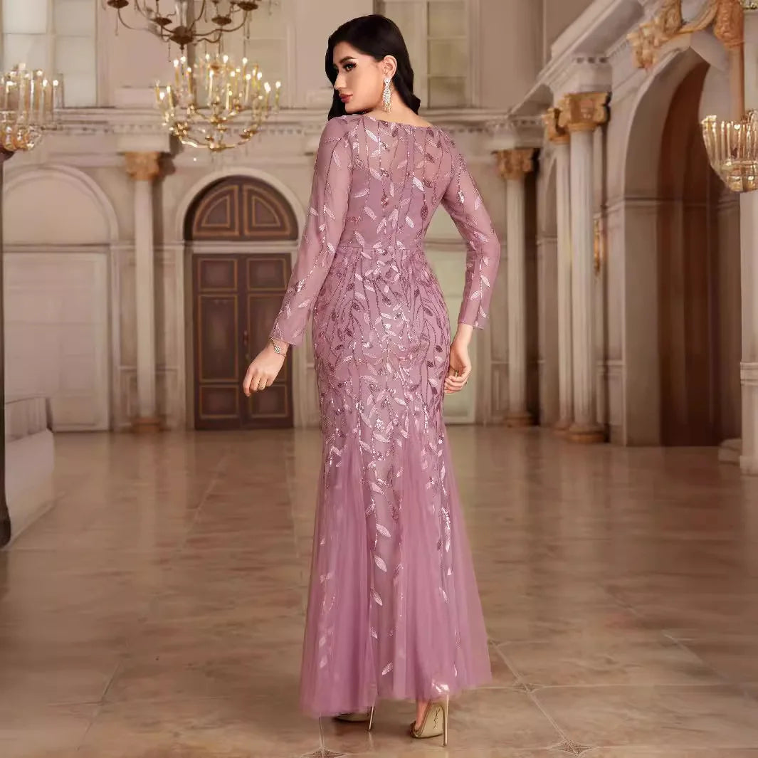 Elegant Round Neck Sequined Mermaid Long Formal Evening Dress With Long Sleeves