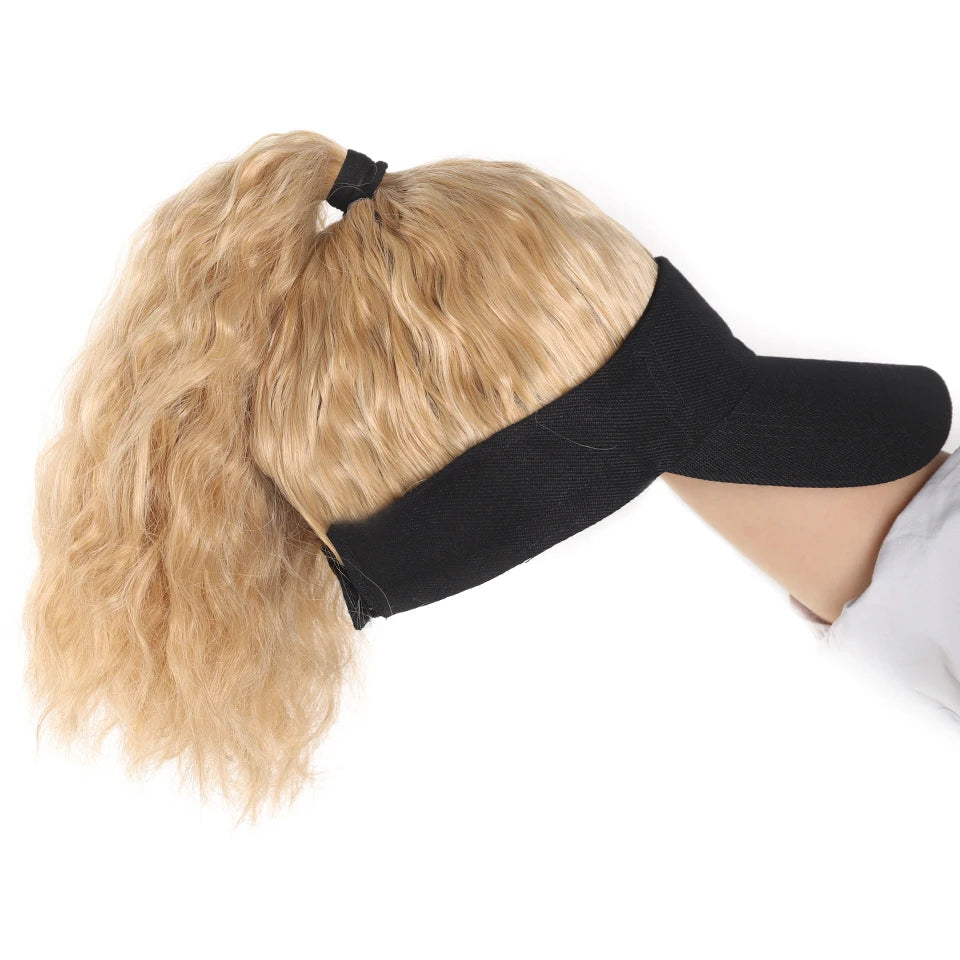 LUPU Synthetic Hair Curly Wave Ponytail Black Brown Baseball Cap Wig Adjustable Sun-Protective Sporty Style for Women Girls