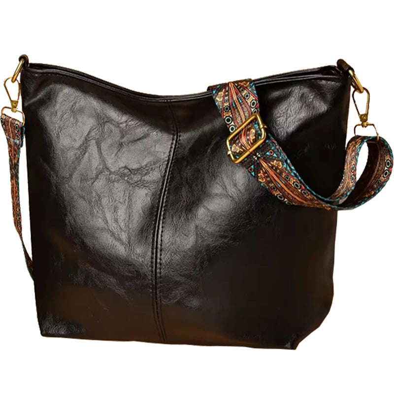 Fashion Minimalist Retro Leather Shoulder Tote, Trendy Printed Strap Design for Street Style and Weekend Outings