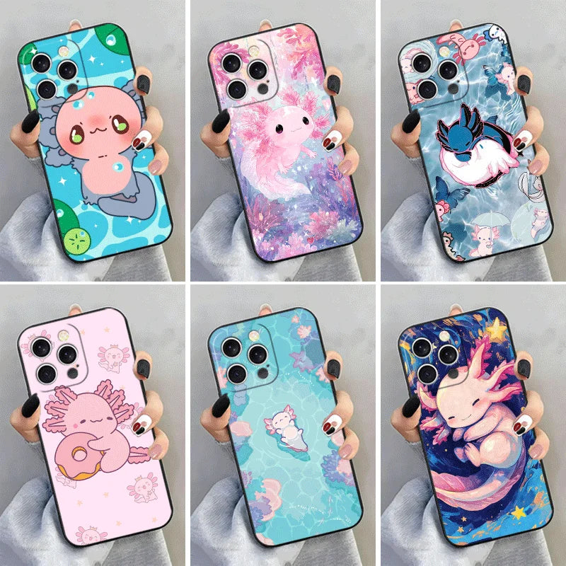 Soft Silicone Phone Case for iPhone 15 16 17 Pro Max Axolotl Cartoon Cute Shell 17E 16E 14 Plus 13 Mini 12 11 Air 7 SE 8 Cover