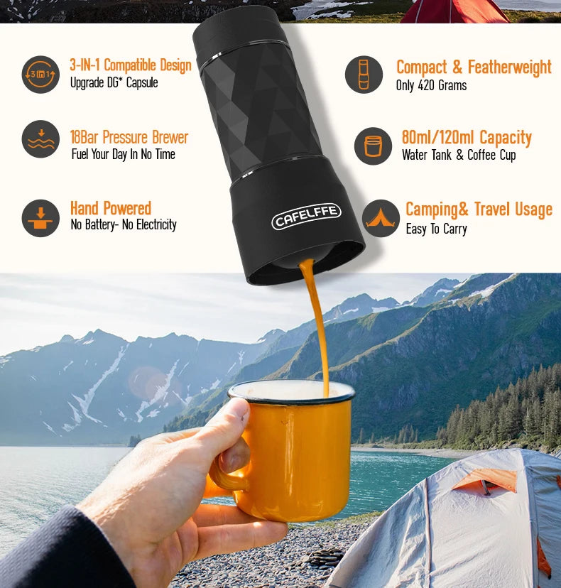 Cafelffe 3in1 Portable Coffee Machine Manual Espresso Maker For Capsule & Ground Milk Froth Hand Press Brewer hiking Travel Gif
