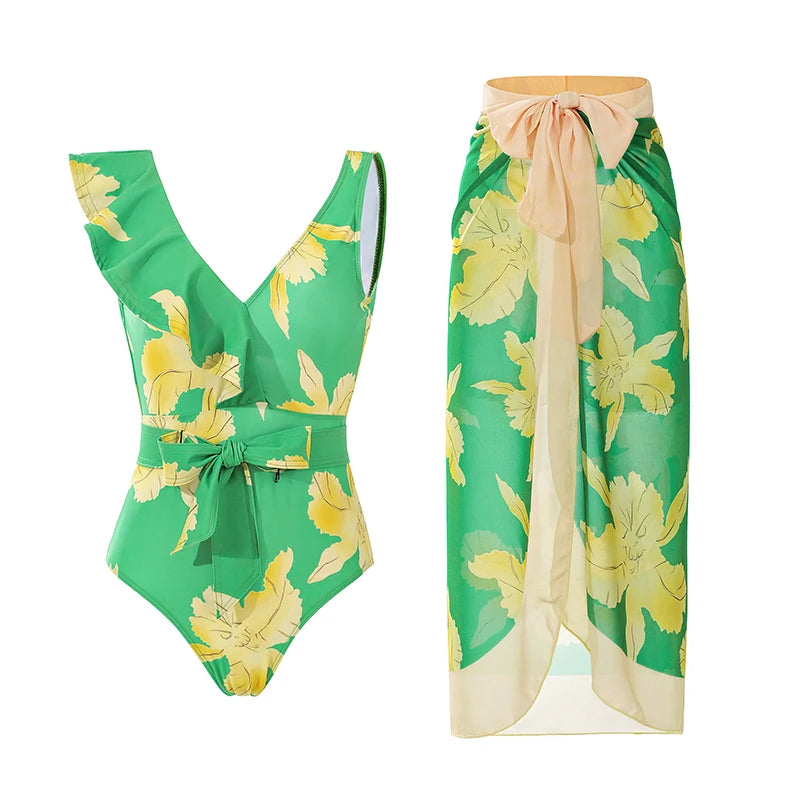 2024 Sexy Sling Ruffle Solid Two Pieces Bikini Women High Waist 3D Flower Swimsuit Skirt Summer Backless Beachwear Bathing Suit
