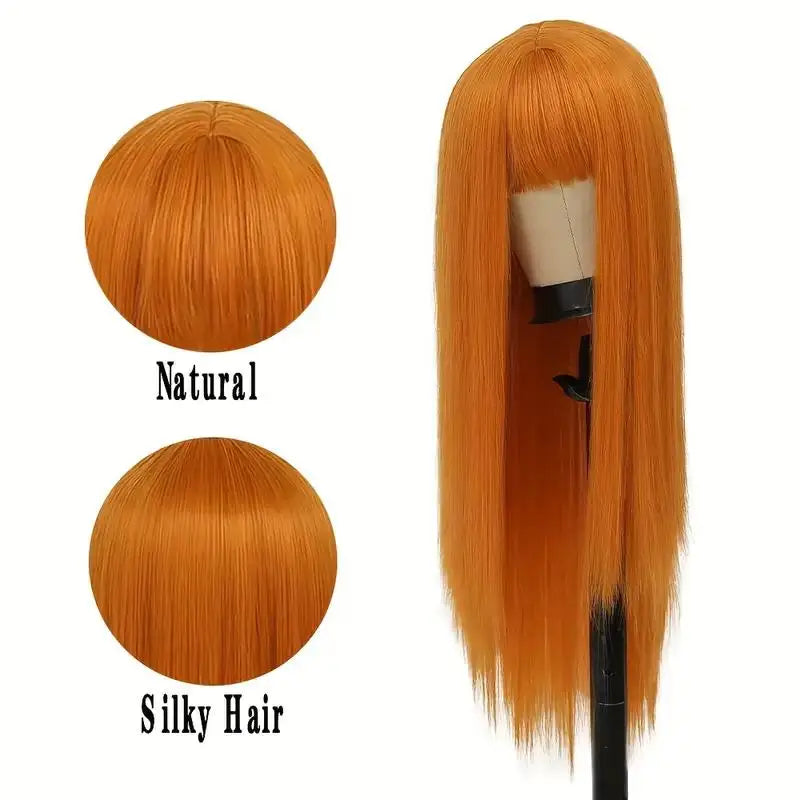 Long Straight Hair Orange Synthetic Wig for Halloween Party Cosplay Role-Playing Wig for Daily Party Hot Summer Hairpiece
