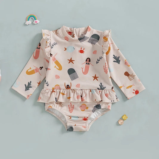 MISOWMNJOY Cute Baby Girls Long Sleeve Swimsuit Beachwear Ocean Elements Print Ruffle Toddler Infant Bathing Suit Swimwear