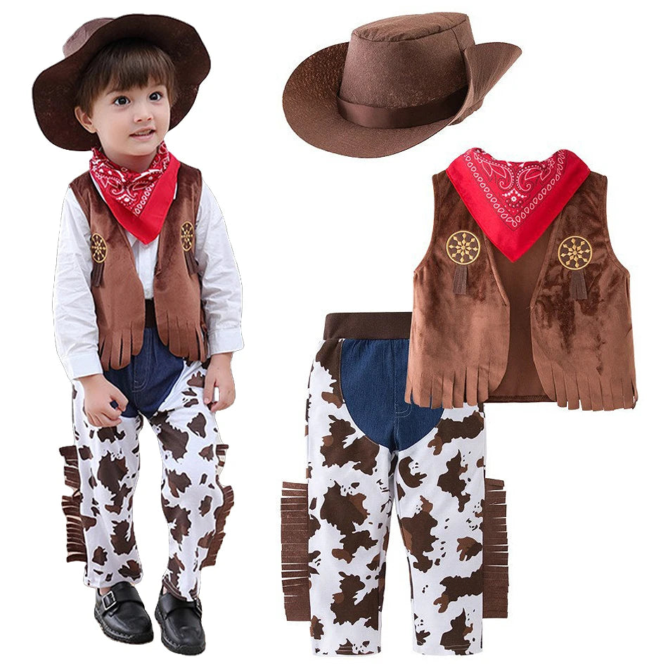 Kids Cowboy Cosplay Event Festival Outfits Boys Holiday Vest Pants Hat Set Children Carnival Birthday Xmas Party Costume 6M-12Y