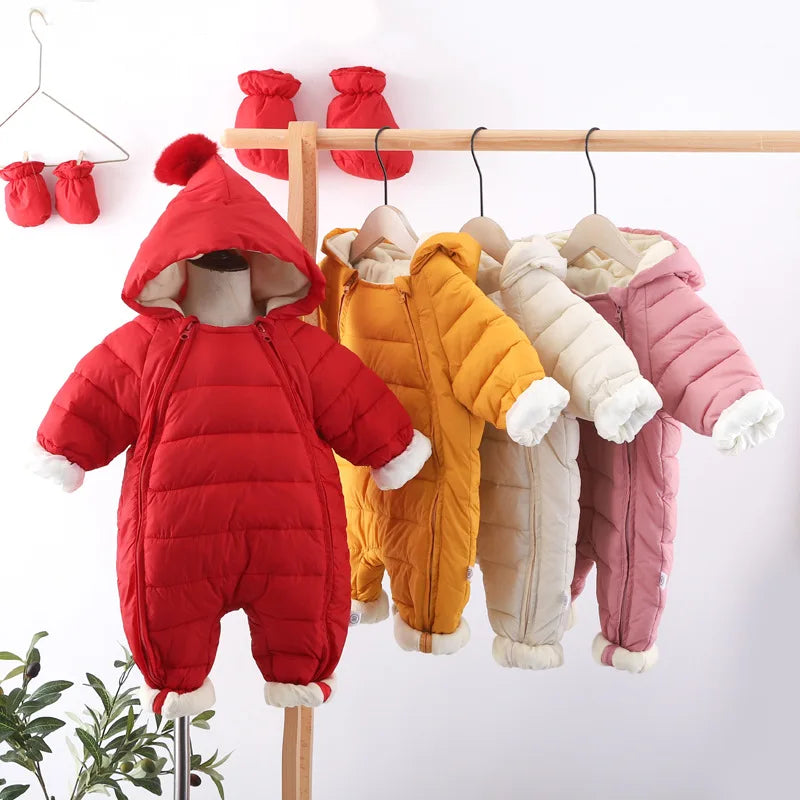 OLEKID 2025 Newborn Baby Jumpsuit Hooded Plus Velvet Warm Baby Boys Snowsuit Toddler Snow Suit Baby Girl Cotton Overalls Rompers