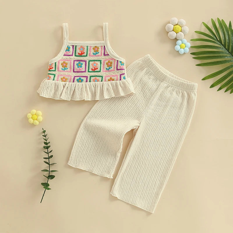 Toddler Girl Crochet Outfit Crochet Floral Crop Top Sleeveless Camisole Ruffle Top and Pant Set Baby Summer Clothes