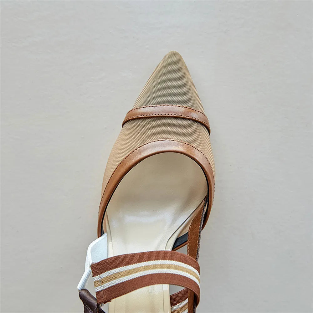 Aucegi Pointy Toe Thin High Heel Slingback Sandals Women Brand Design Elegant Genuine Leather Splicing Mesh Party Dress Shoes
