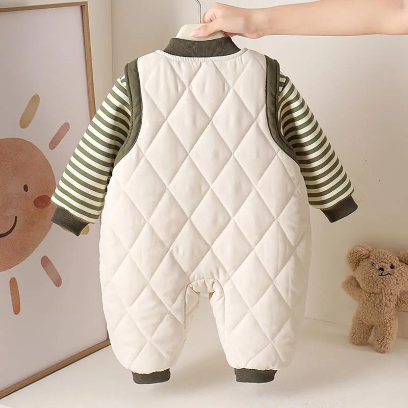 Baby Toddler Fall/Winter Clothing Newborn Thickened Separate Set Baby Boy Striped Sweatshirt Super Cute Quilted Overalls