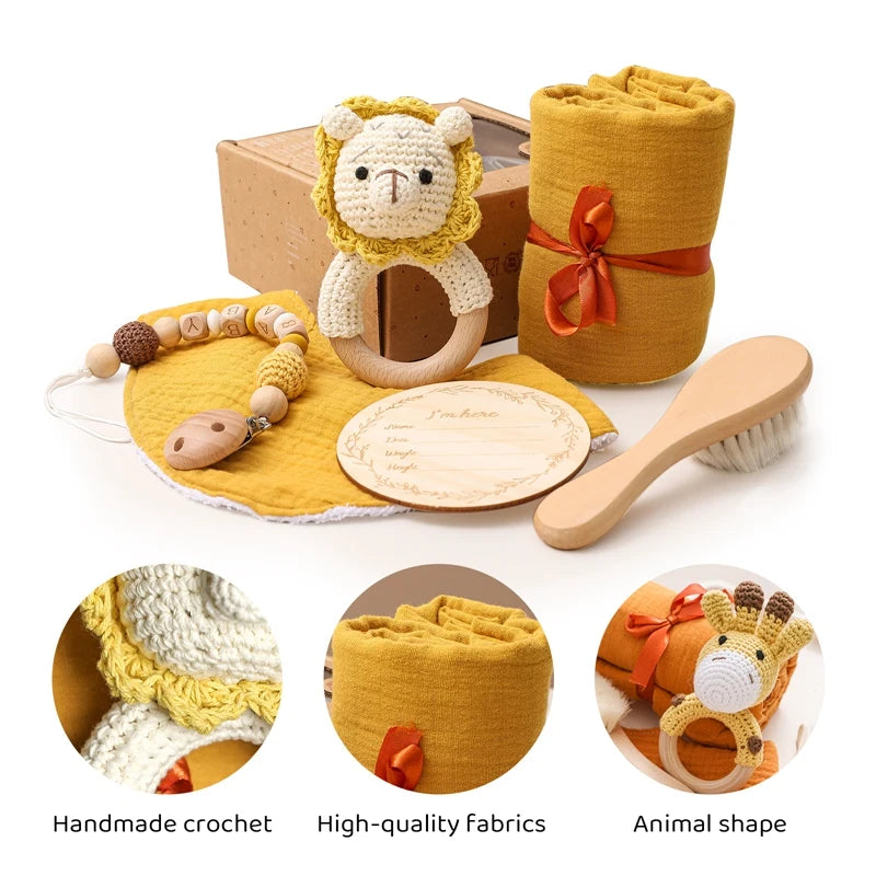 Baby Bathing Mouth Water Towel Pacifier Set Baby Full Moon Milestone Cards Wood Ring Rattle Bath Towel Wool Brush Birthday Gifts