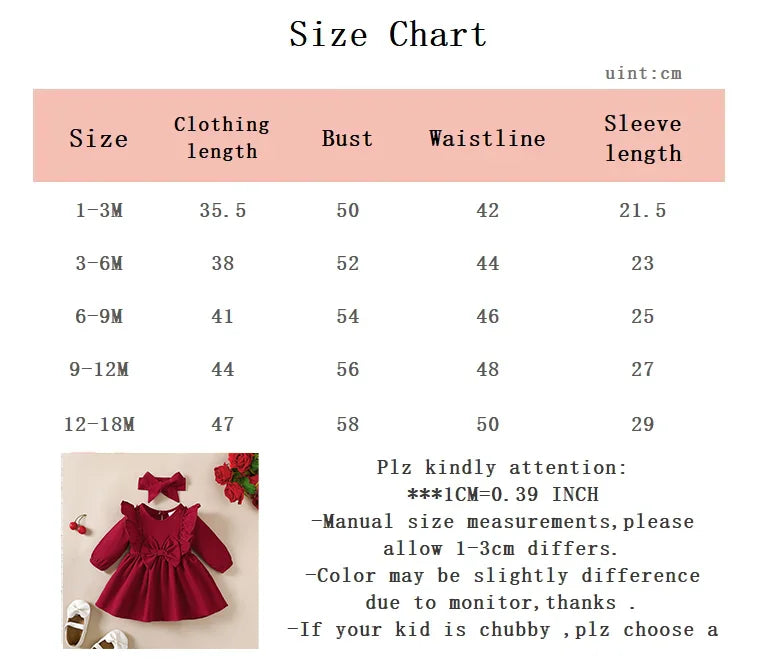 Baby girl Autumn Dress Ruffled Edges and Bow, Long sleeved Dress+Headband for 0-18 Months Cute Baby girl Holiday Party Costume