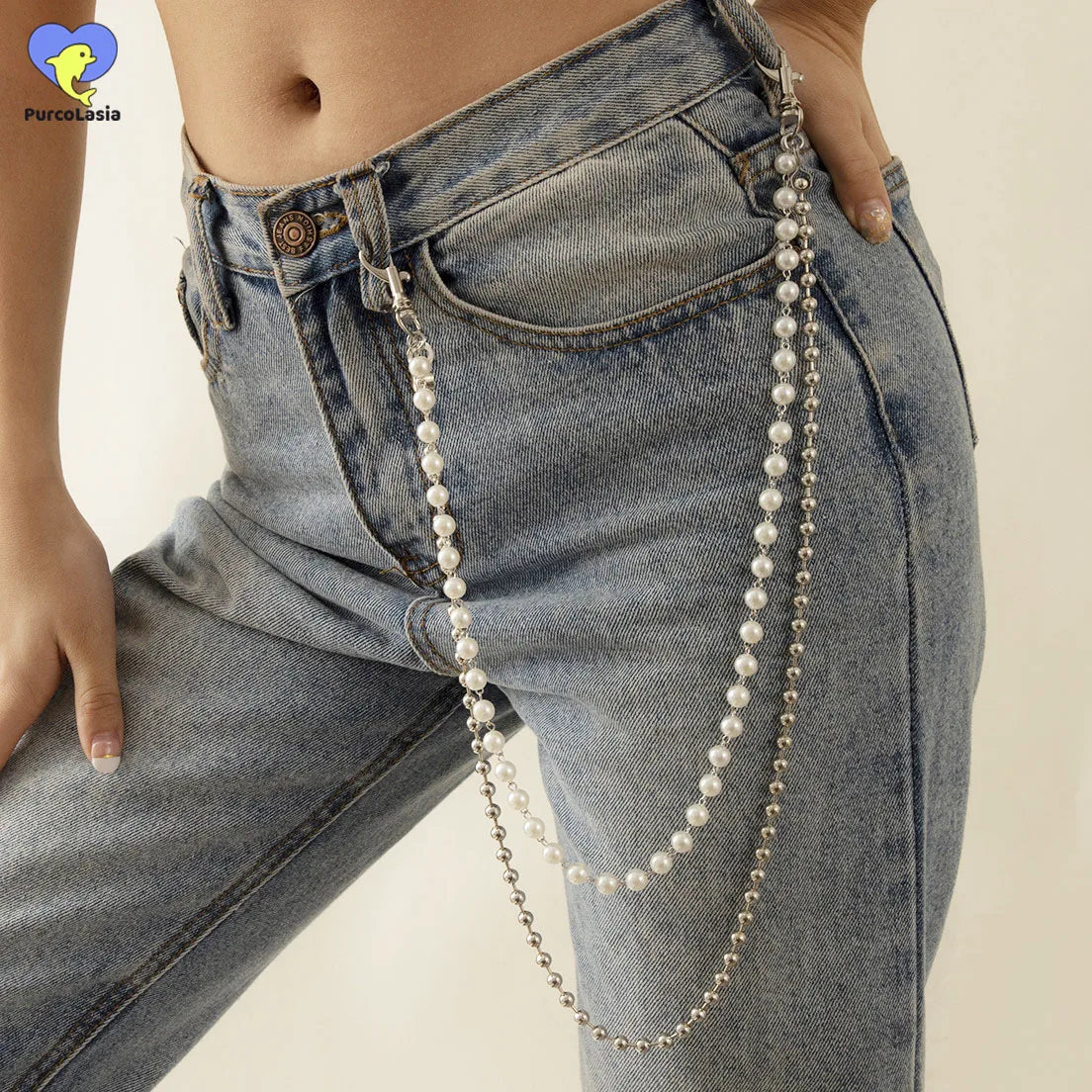 Round Cute White Pearl Belly Chain for Women Trousers Hipster Pant Jean Resin Keychain Ring Clip Tassel Art Accessory