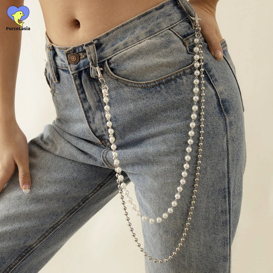 Round Cute White Pearl Belly Chain for Women Trousers Hipster Pant Jean Resin Keychain Ring Clip Tassel Art Accessory