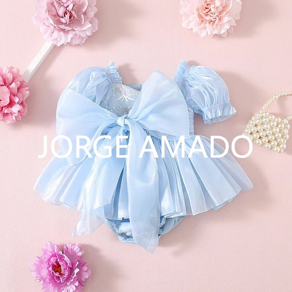 New Summer Sister Girl Matching Romper Dress Short Sling Sleeves Big Bow Bodysuit Sequined Princess Dresses Twins Clothing H1518