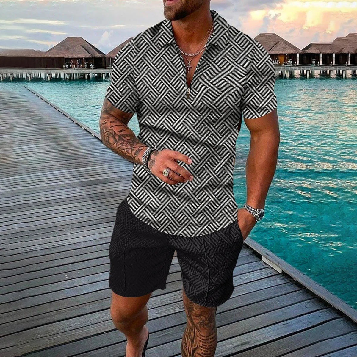 Men Tracksuit Summer New 3D Printed Beach Zipper Polo Shirts Shorts 2 Pcs Sets Boho Geometric Style Holiday Clothing Ropa Hombre