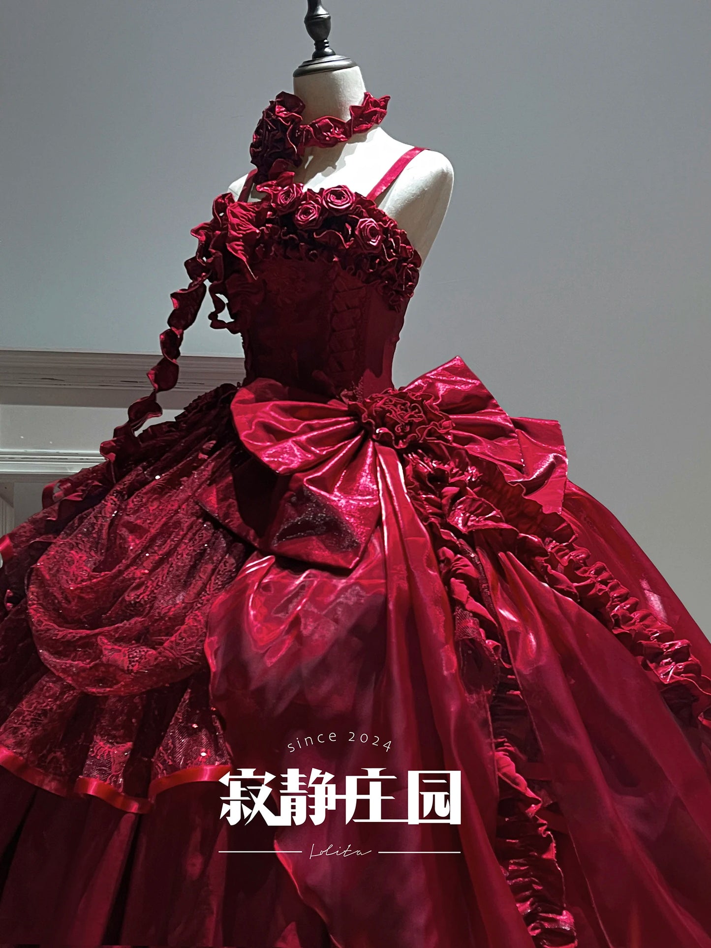 Original Burgundy Fish Bone Flower Wedding Dress Lolita Girl Women's Fairy Lace Bow Slim Maxi Long Party Birthday Dresses