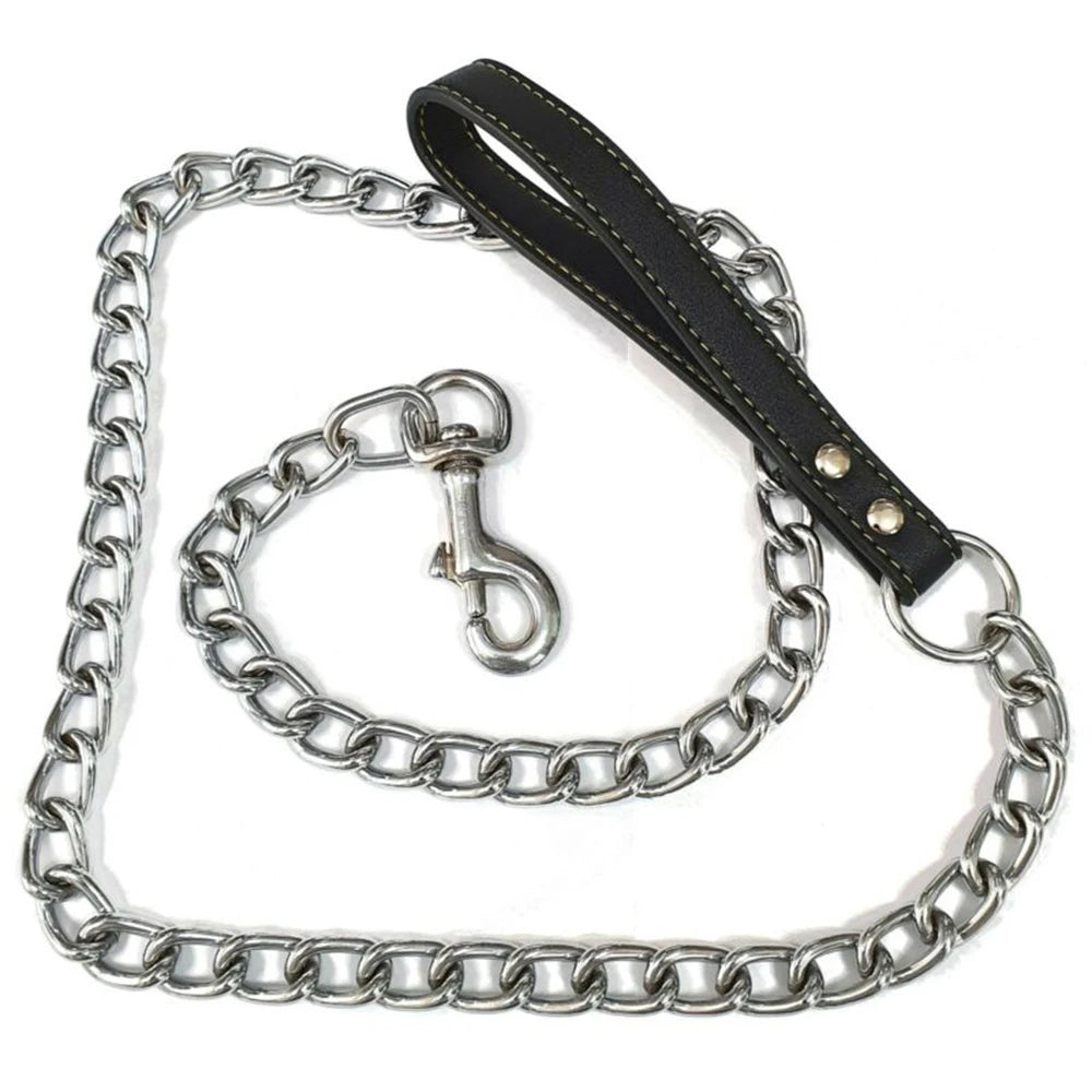 Durable Pet Dog Chain Metal Leash For Small Medium Dog PU Handle Leather Iron Chain Leash Anti-Bite Chain Dog Accessories