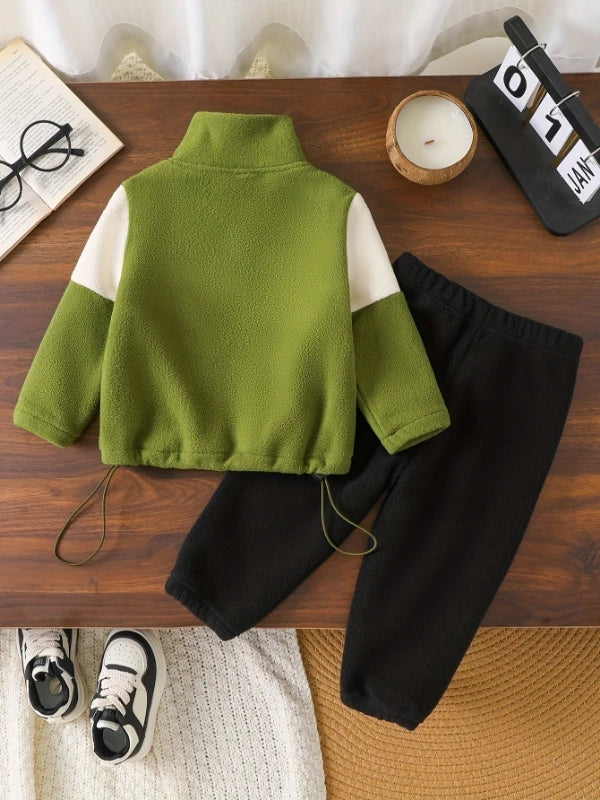 Kids Color Block Sherpa Fleece Set Half-Zip Stand Collar + "BORN TO BE BRAVE" Print Warm Autumn/Winter Two-Piece Outfit