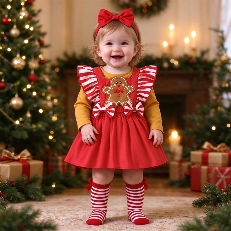 Hot Baby Girl Christmas Outfit Set Infant Toddler Gingerbread Man Costume Winter Xmas Party Holiday Celebration Newborn Clothes