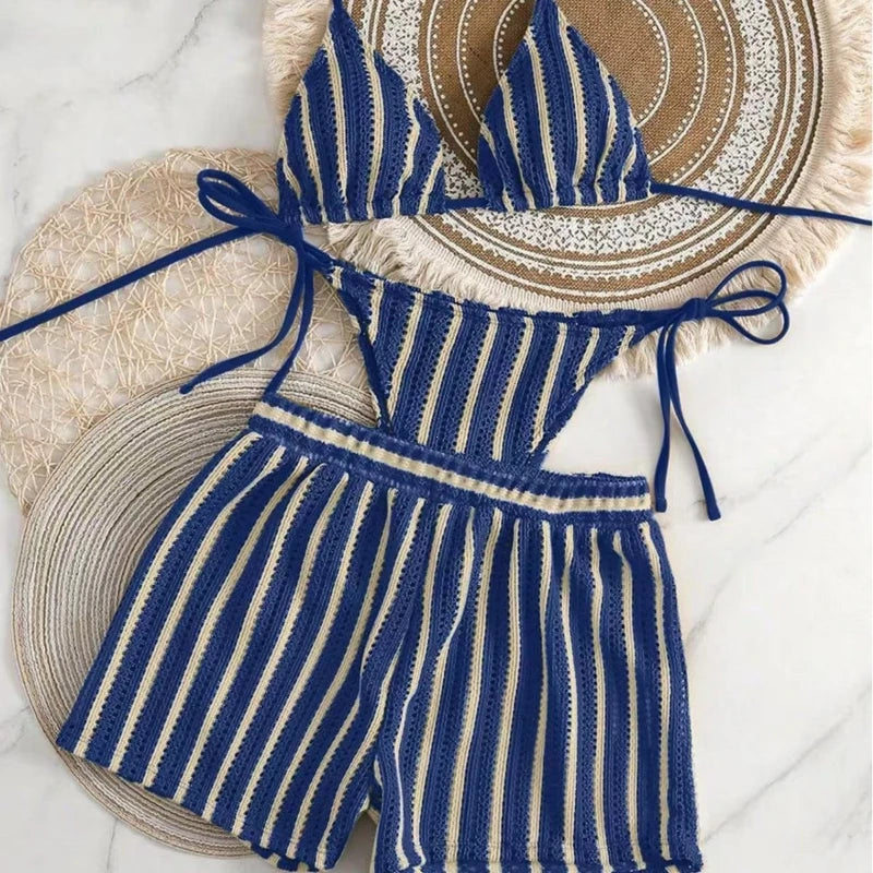 2026 New Style Boxer Shorts Mesh Three-piece Women's Swimsuit Neck Lace-up Bikini Set
