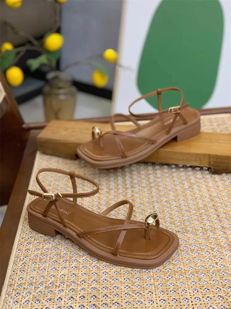 Sandals Women 2024 Summer New Fashion Square Toe Roman Shoes Simple Fairy Strap Women Shoes Flat Casual Shoe Sandalias De Mujer