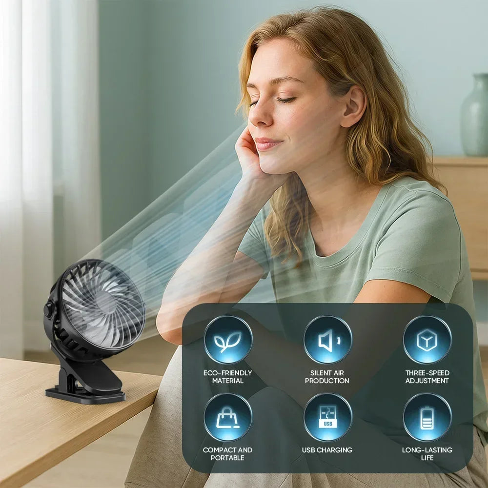 NEW Portable Clip on Fan USB Desk Fan 3 Speeds Quiet Wind Rotate Personal Electric Fan Standing Fans For Office Student Deskto