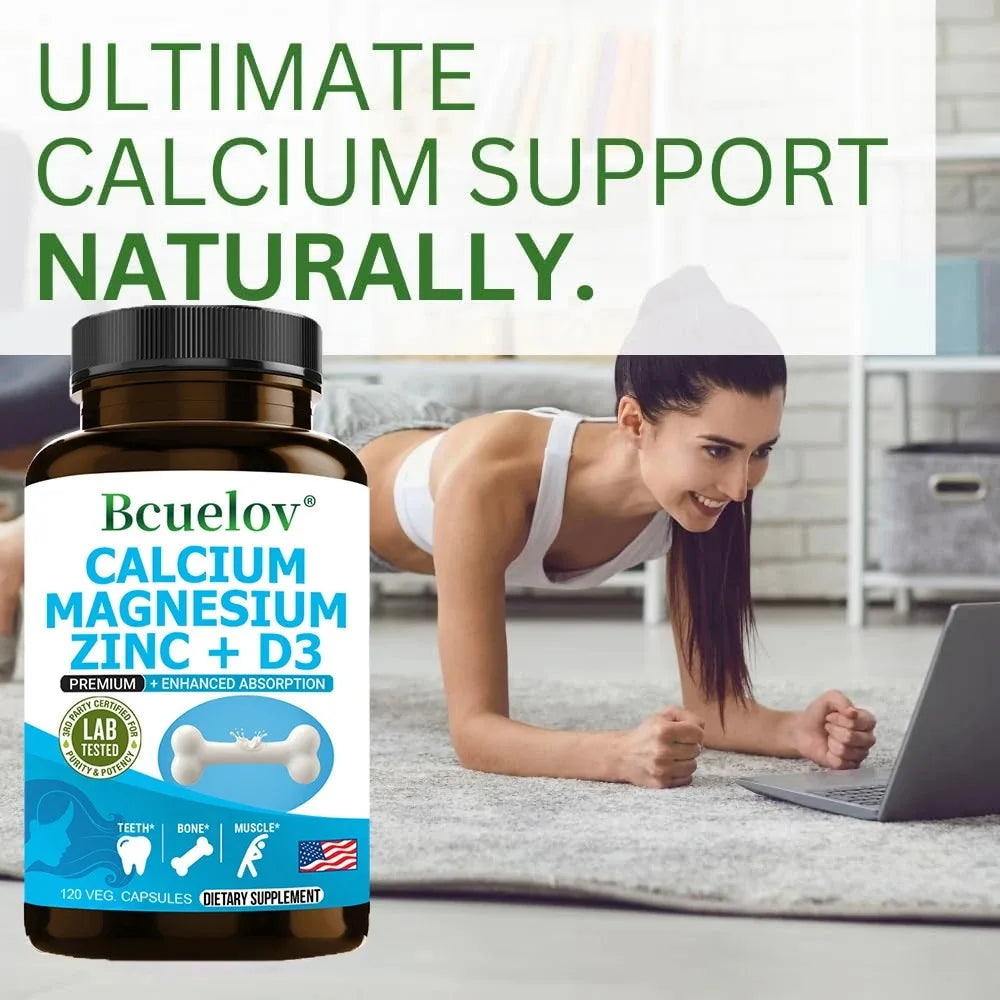 Calcium + Magnesium + Zinc + Vitamin D3 Capsules - Supports Bone and Nervous System Health and Improves Mood