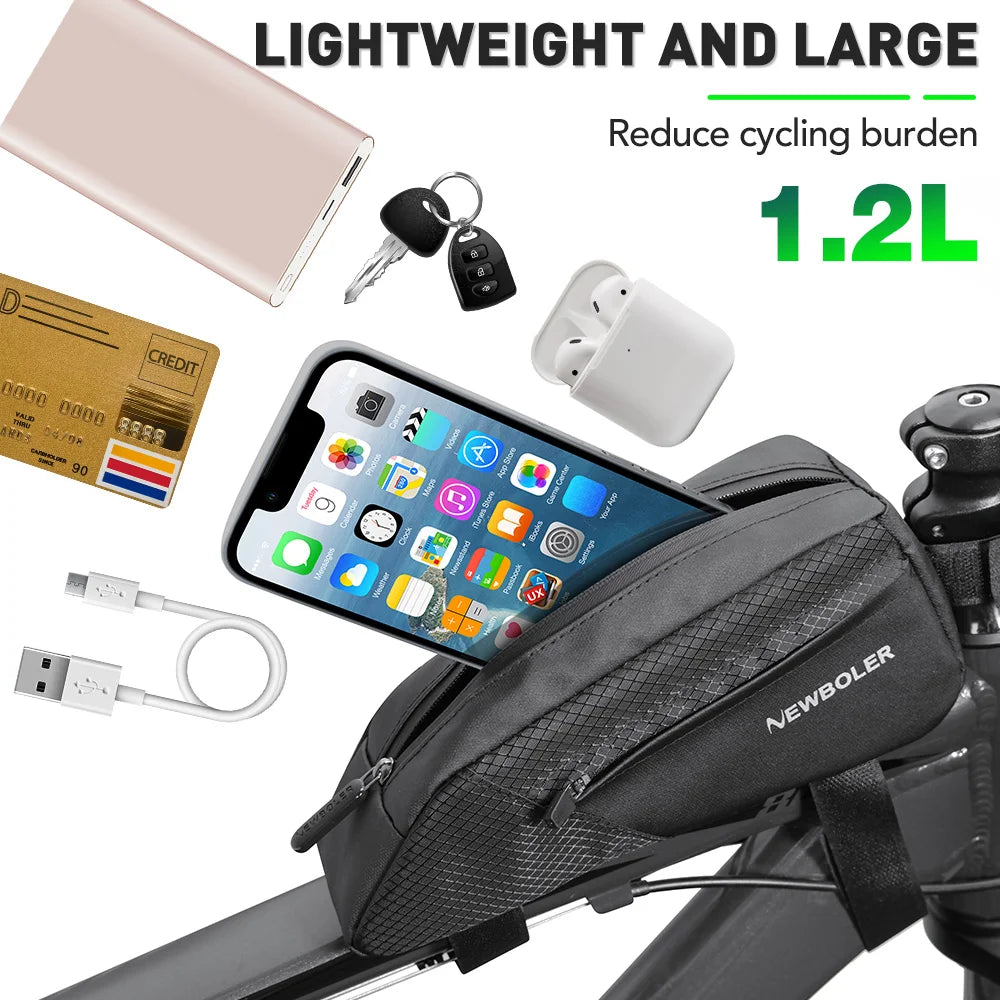 NEWBOLER Bike Bag 1.2L Portable Frame Front Tube Cycling Bag MTB Road Bicycle Pannier Bag Large Capacity Ultralight Cycling Bag
