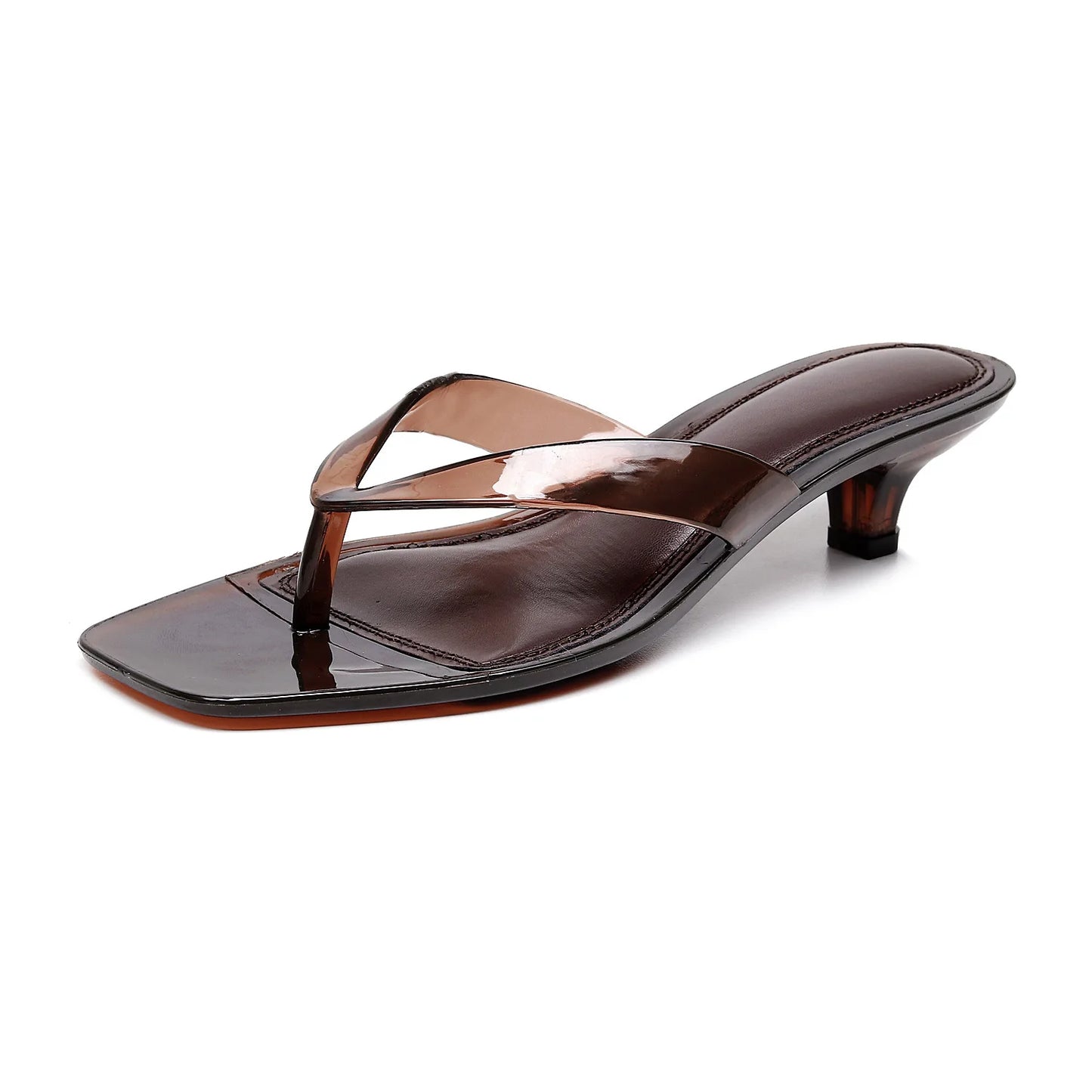 Vacation Elegant Kitten Heel Thong Sandals, Square Toe Clear Brown Jelly Flip Flops, Women Summer Comfortable Beach Party Shoes