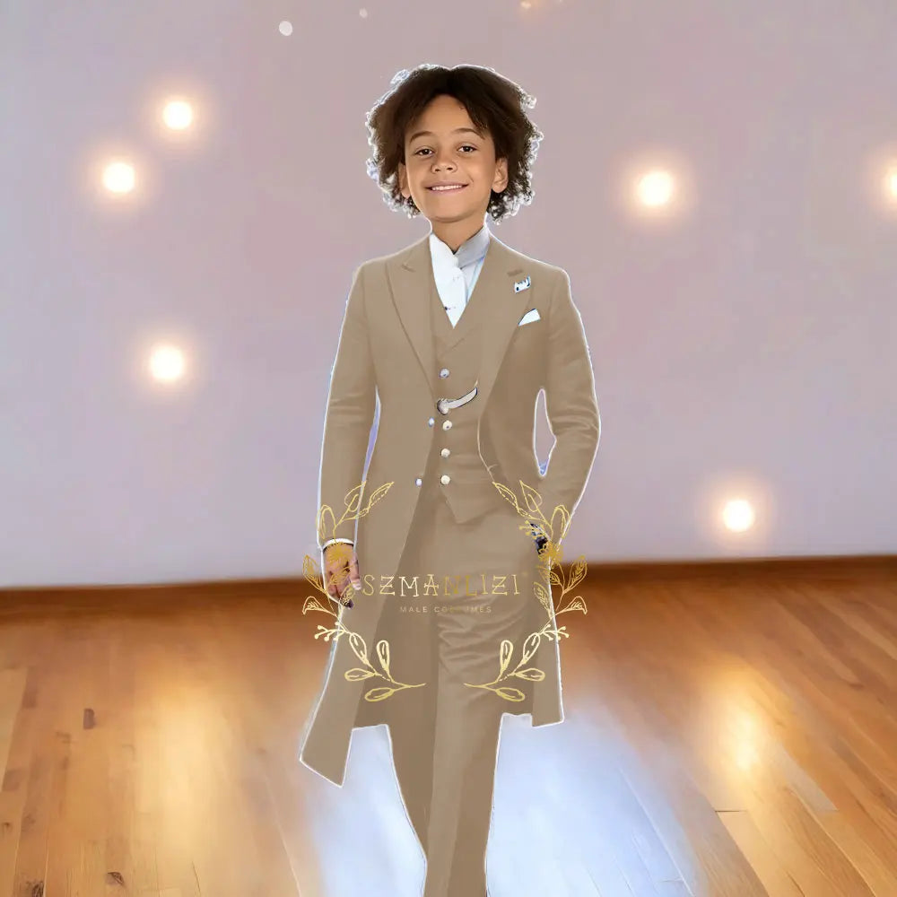 Children Formal Tuxedos Boys Suit Light Grey Long Jacket Vest Pants Sets for Piano Performance Birthday Party Costume Tailored