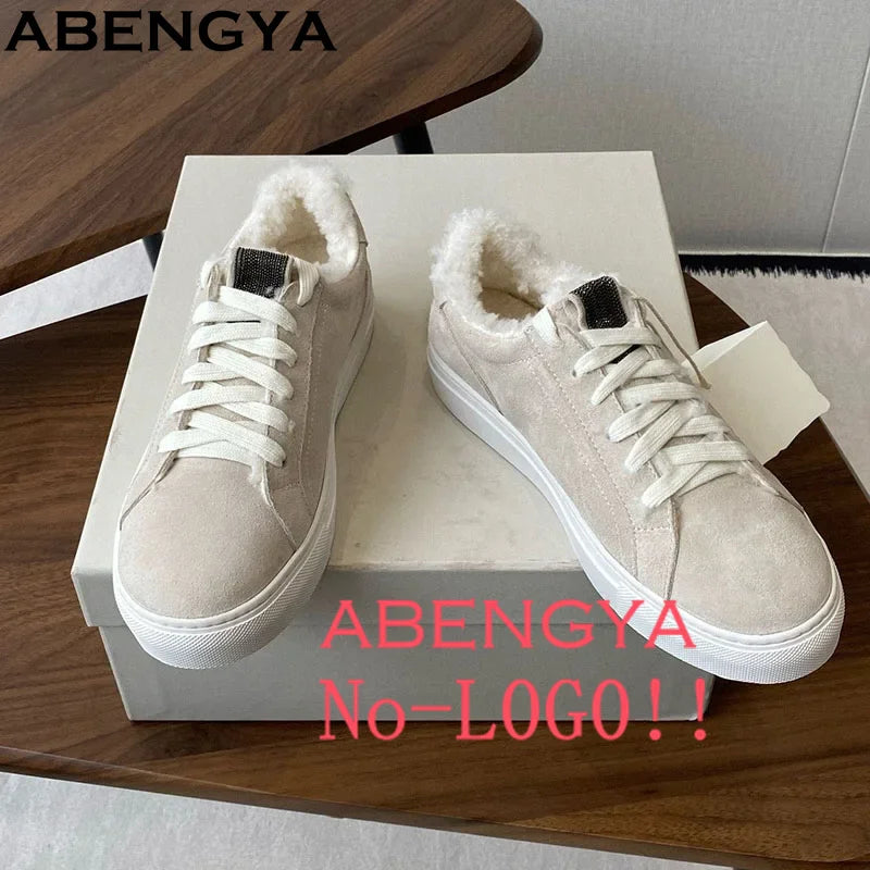 New Winter Wool Sneakers Women Suede Leather Lace Up Flat Casual Shoes For Women Mules Round Toe Bead Walk Fur Shoes Ladies