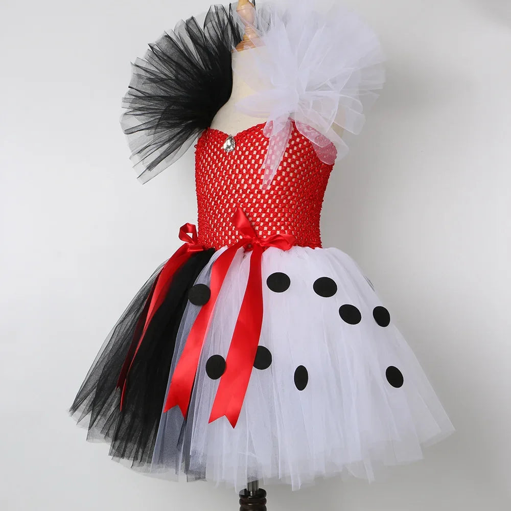 Halloween Crulla Cosplay Costume Cruella Tulle Dress Party Girls Black White Carnival Kids Cruella Wig Lace Mask Suit Clothes