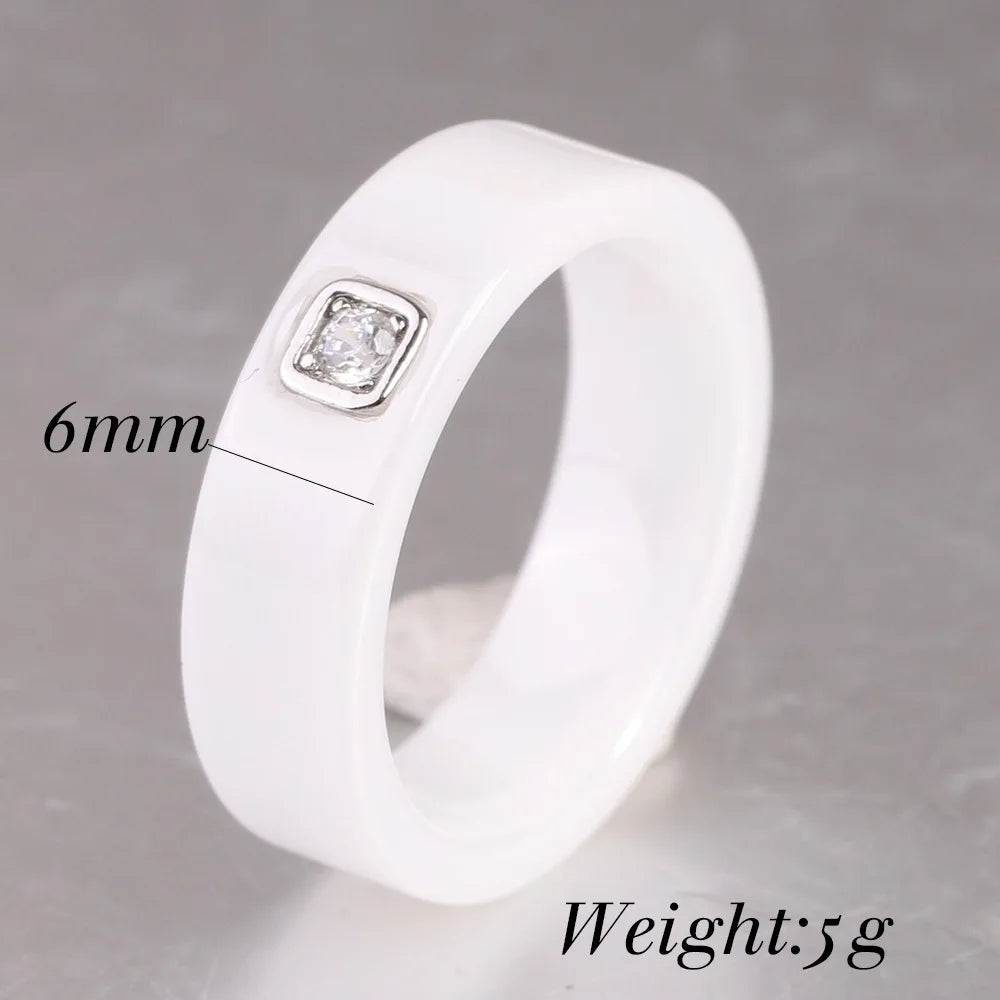 6mm Black/White Ceramic Rings For Women Dazzling Cubic Zircon Stainless Steel Engagement Wedding Ring Fashion Jewelry
