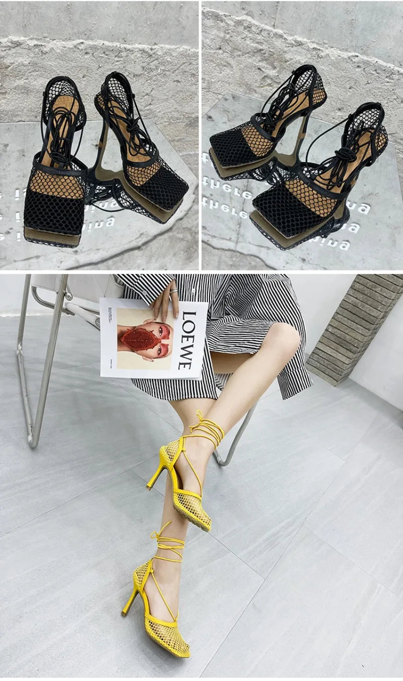 New Women's Shoes Fashion Air Mesh High Heeled Sandals for Woman Exquisite Square Head Casual Shoes Designer Shoes Zapatos Mujer