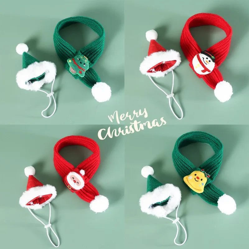 Christmas Cat Dog Scarf Hat Pet Wool Scarf Snowflake Ball Knitted Red and Green Bell Snowman Tree Cat Accessories