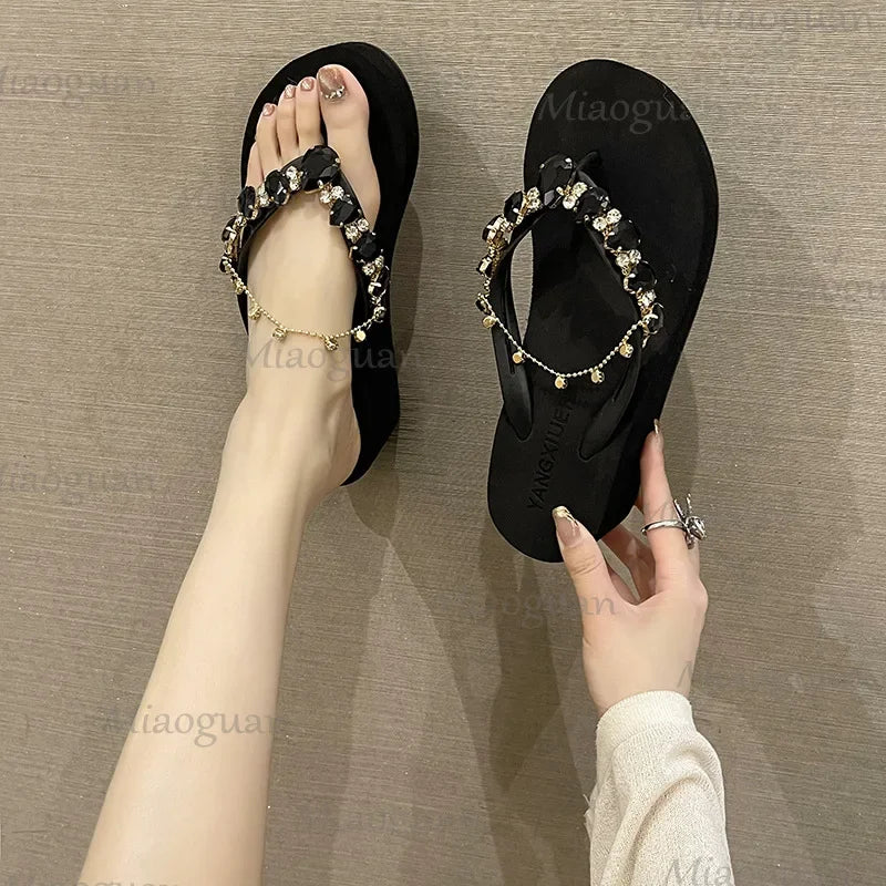 Rhinestone Chain Summer Flip Flops Sandals Women Comfortable Beach Shoes Non-slip Soft Bottom Casual 5cm Heels Wedges Slippers
