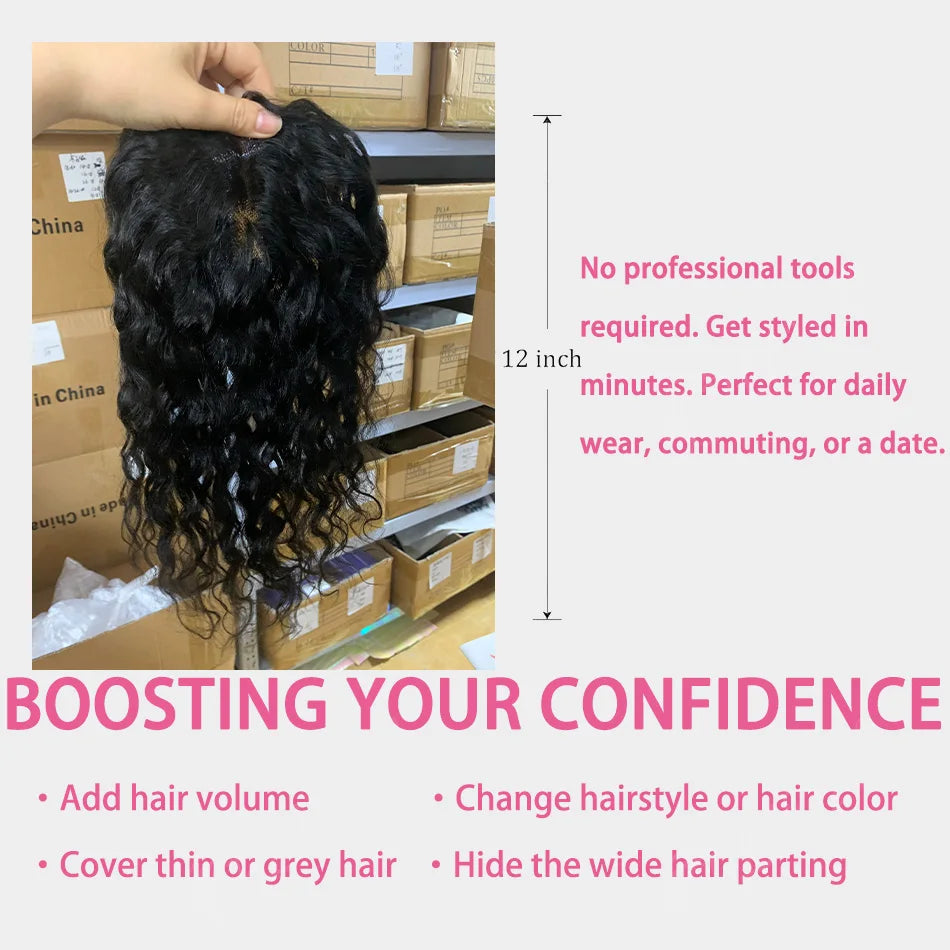 Real Human Hair Toppers for Women Clip In Curly 9x14cm 12 Inch Natural Black Breathable Mesh Base for Thinning Hair Add Volume