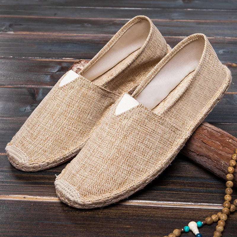 Grass Woven Linen Men's and Women's Handmade Stitching Fishing Shoes with A Casual Flat Bottom Anti Slip Fabric Design Platform