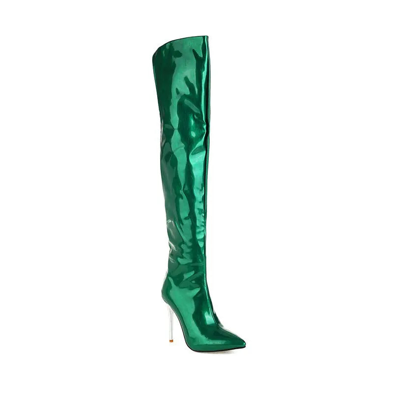 Long Boots for Women Dark Blue Pointed Toe Metal Stiletto Heel Patent Leather Over-the-Knee Female Shoes Large Size Short Plush