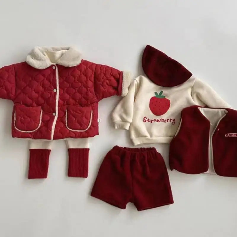 Autumn Winter Ins Children Plus Velvet Thicken Cotton Coat Girl Baby Fashion Solid Lapel Tops Kid Boy Fleece Warm Casual Jacket